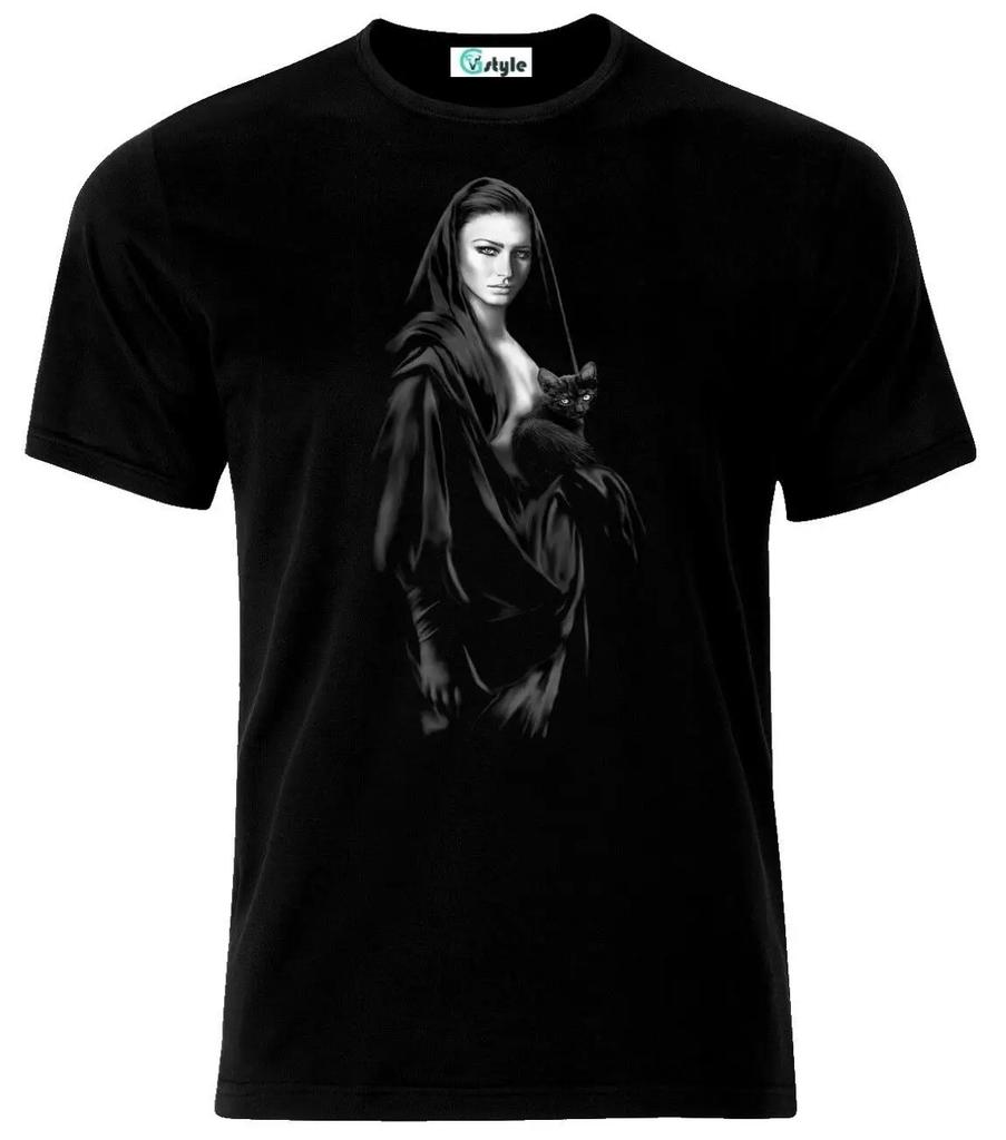 Dark Gothic Girl Witch with Black Cat T-Shirt. Summer Cotton Short Sleeve O-Neck Mens T Shirt S