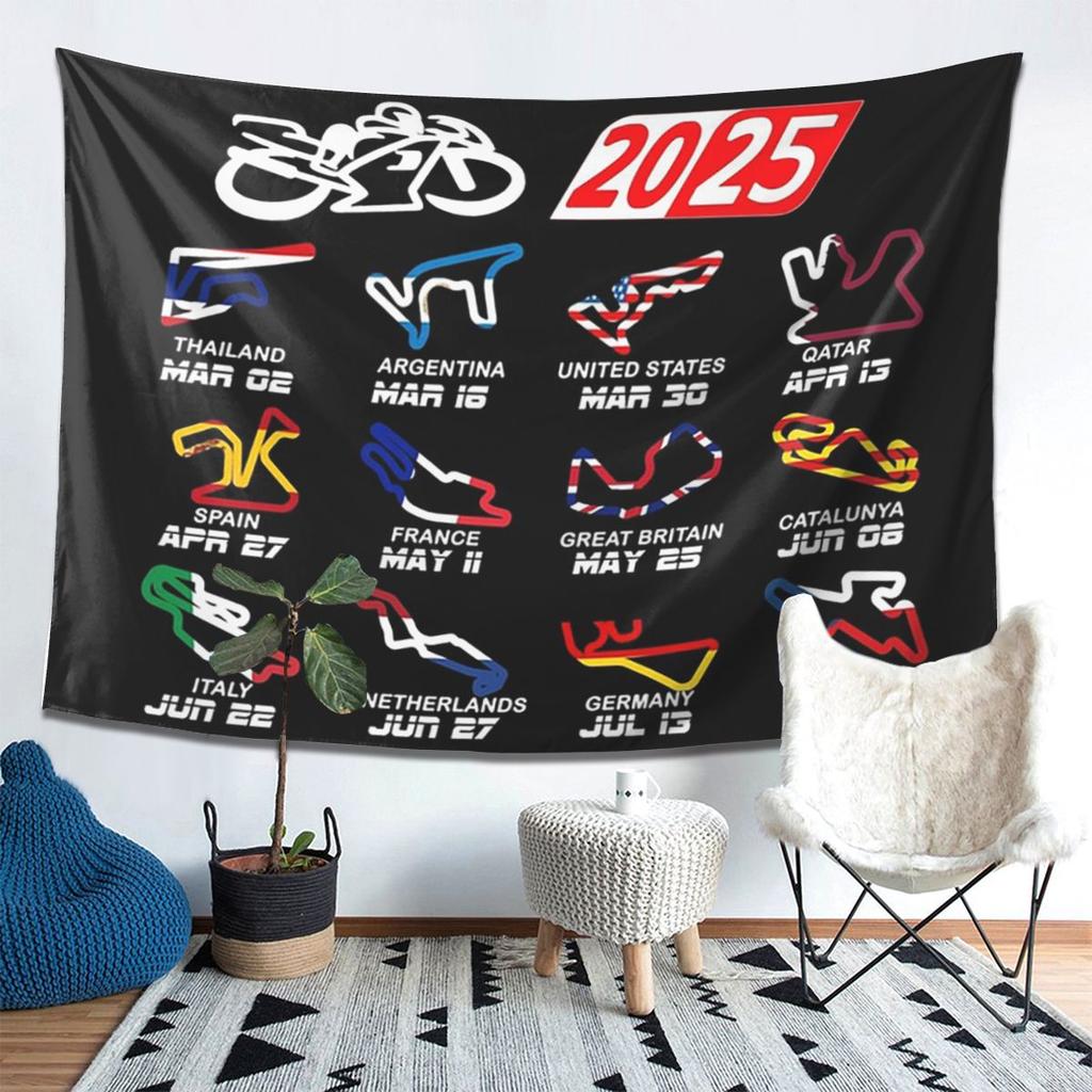 Kalender Saison 2025 MotoGp Strecken Wandteppich Ästhetische Heimdekoration Wandteppiche für Wohnzimmer Schlafzimmer