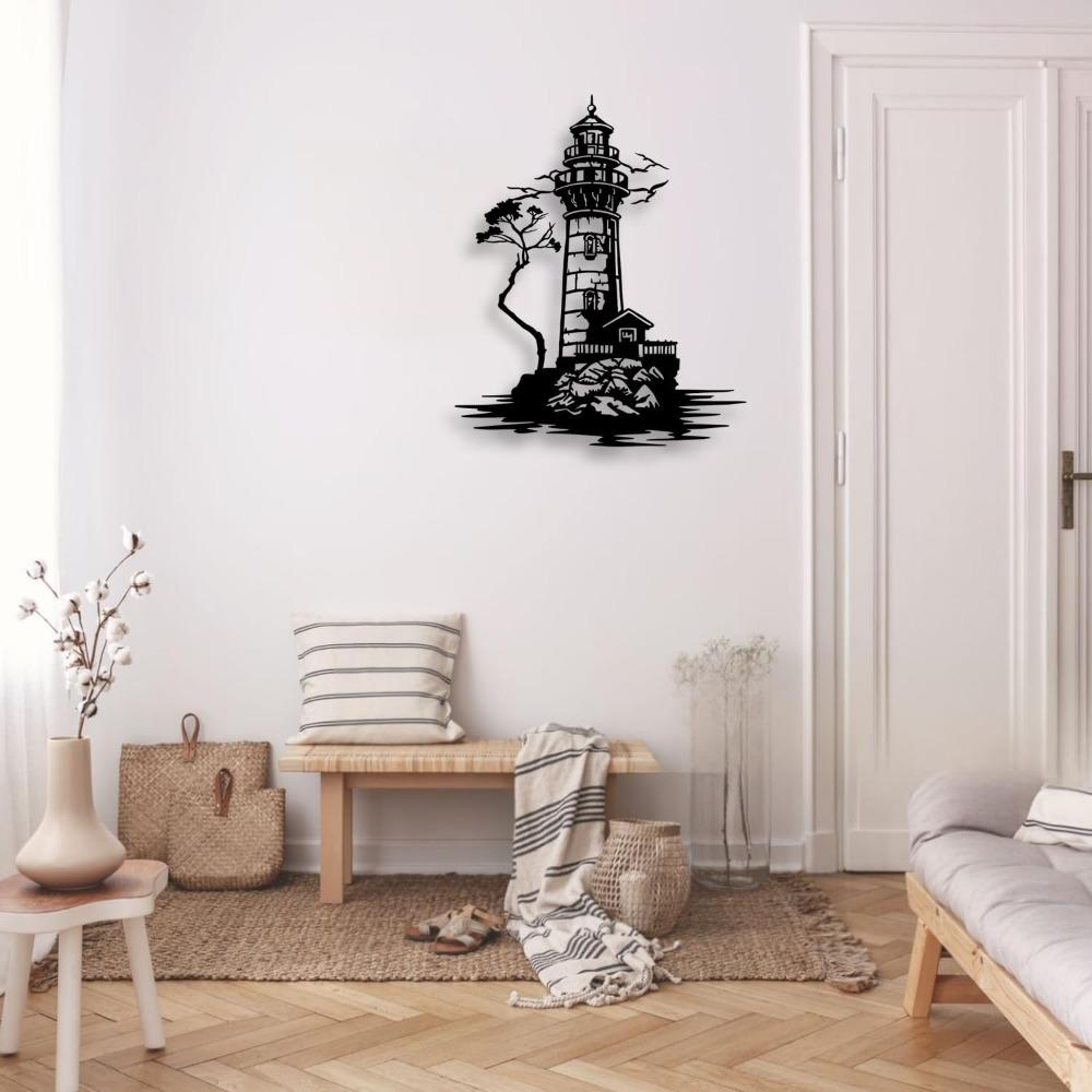 Nautical Black Metal Ship Wall Art Lighthouse Home Decor For Living Room Bedroom Porch