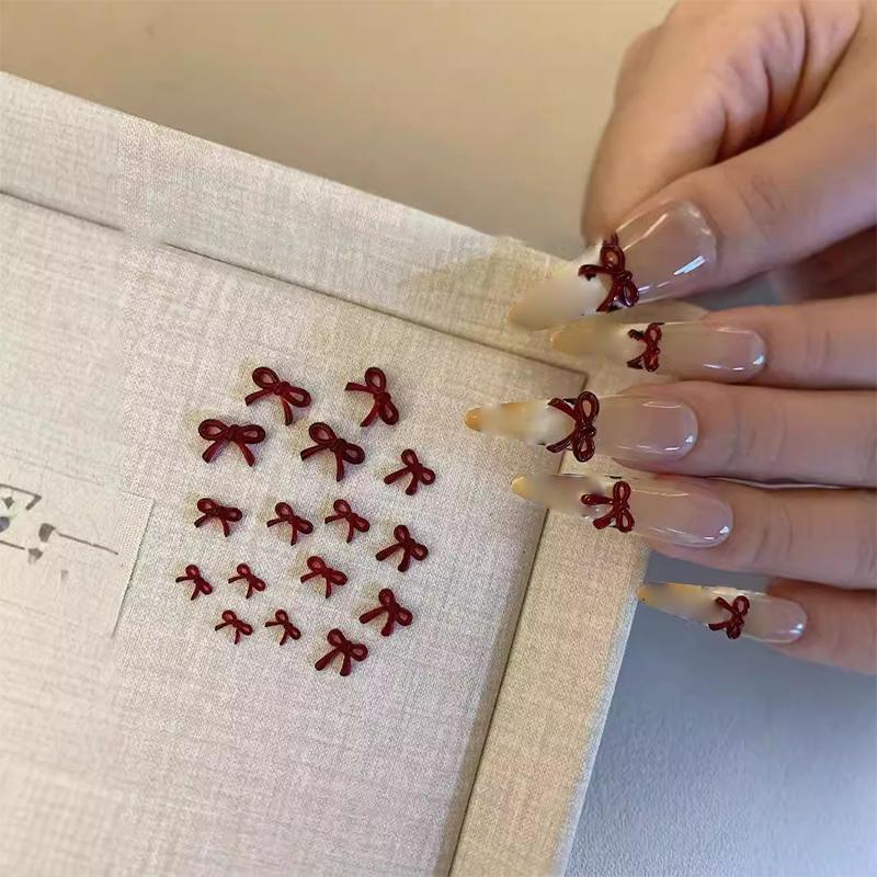 10Pcs Red Resin Long Ribbon Nail Art Charms Kawaii Bow Nail Rhinestones Decorations Diy Manicure Ornament Accessories Supplies