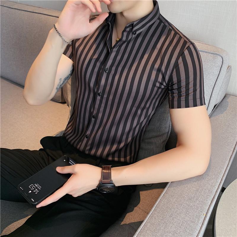 Frühling/Sommer Herren Slim Fit Gestreift Langarm Texturiertes Businesshemd
