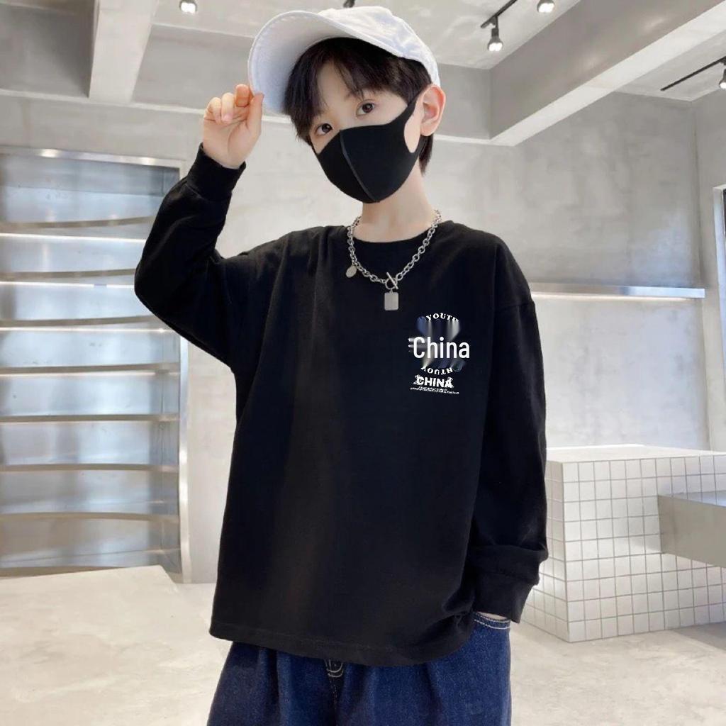 100% Pure Cotton Boys' Long-Sleeve T-Shirt - Autumn Loose Fit, Round Neck, for Middle and Big Kids, National Tide Style