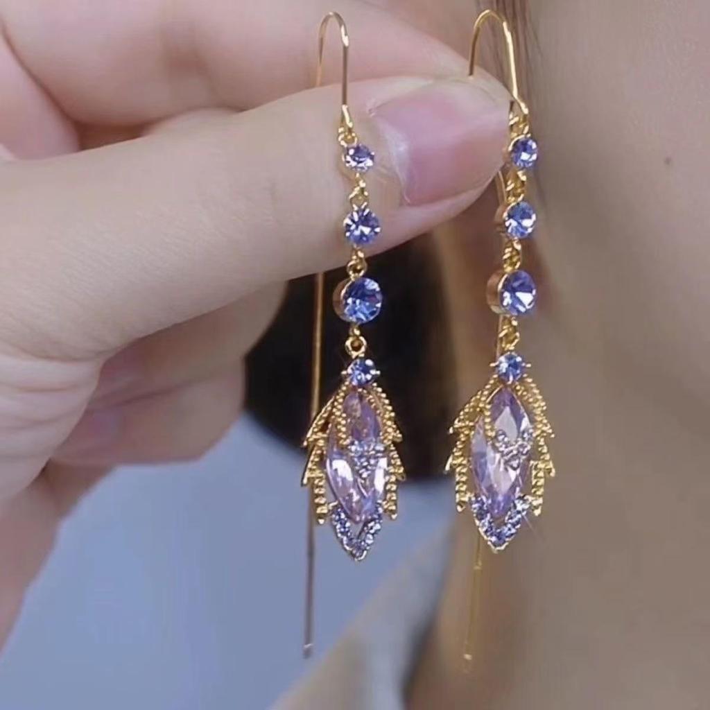 Elegant Gold Leaf Purple Diamond Ear Cuffs for Women