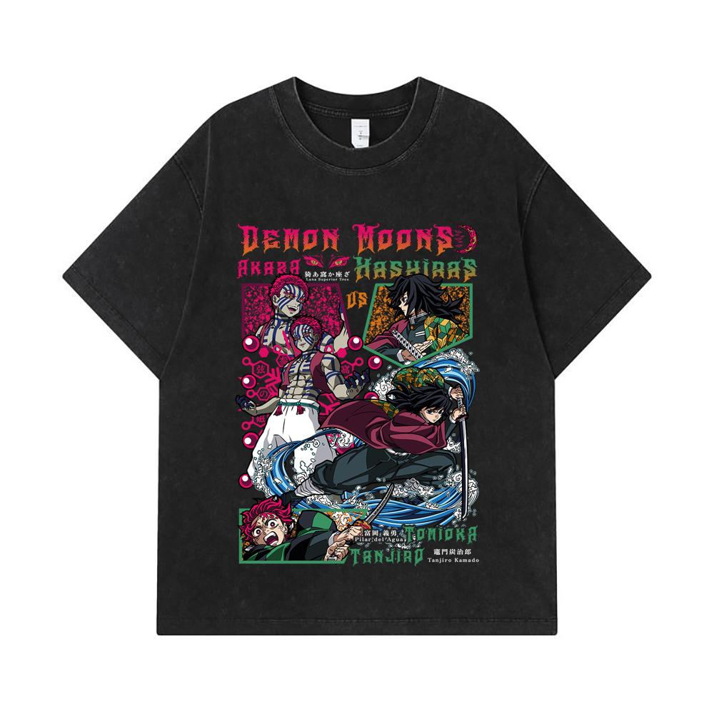 275 GSM Washed T-shirts 100% Cotton Demon Slayer V91 Akaza x Tomioka Print Unisex Heavy Cotton T Shirt