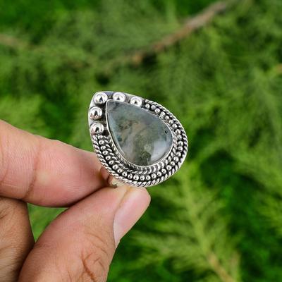 Solar Moosachat Stein 925 Sterlingsilber Ethnisch Lünetten Solitärring Schmuck