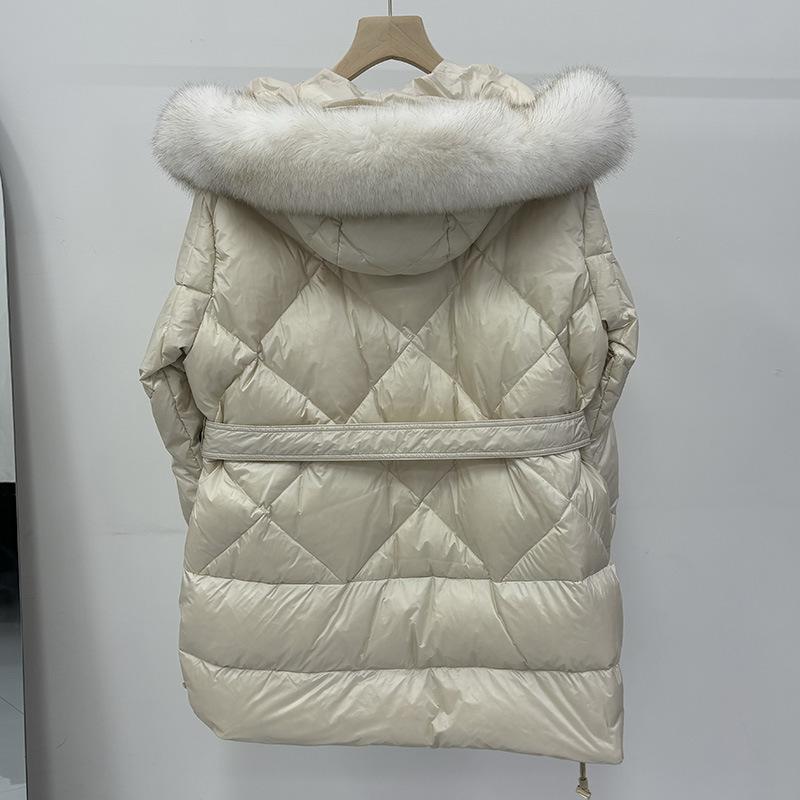 Autumn and winter new big fur collar down jacket women's medium and long rhombus grid waist thin white duck down jacket tide