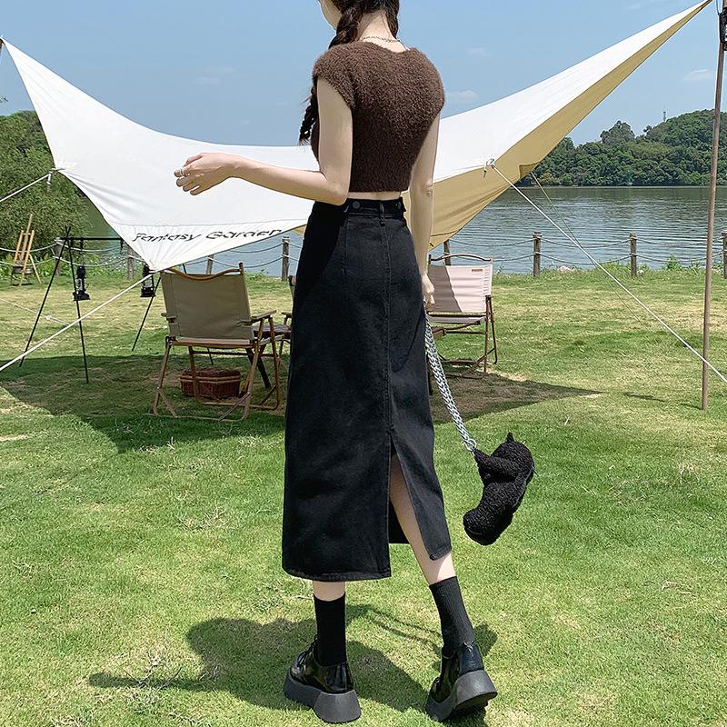 High-Waisted Slit Denim A-Line Skirt - Spring/Autumn Retro Long Skirt L