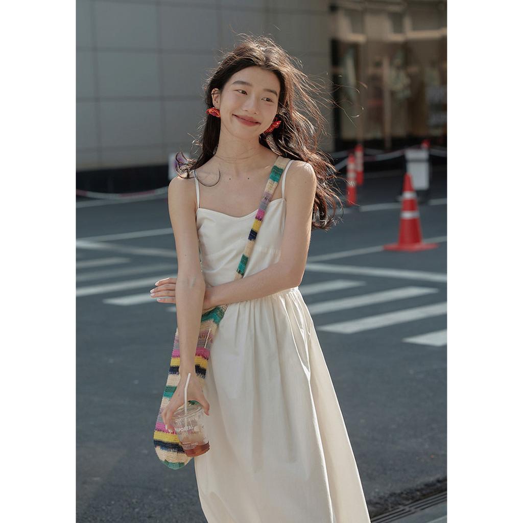 2024 New Waist Cinching Slimming Fashion V-Neck Camisole Dress for Women's Summer Temperament Dress, Spring Mid Length Skirt
