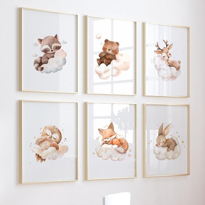 Cute Fox Deer Owl Rabbit Bear Cloud Sleeping Nursery Wall Art Canvas Painting Nordic Posters Prints Pictures Baby Boy Room Decor