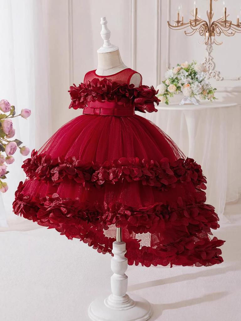 2026 Girls' Layered Flower Cake Dress: Birthday Mesh Princess Skirt, Fairy Lace Gown, Cotton