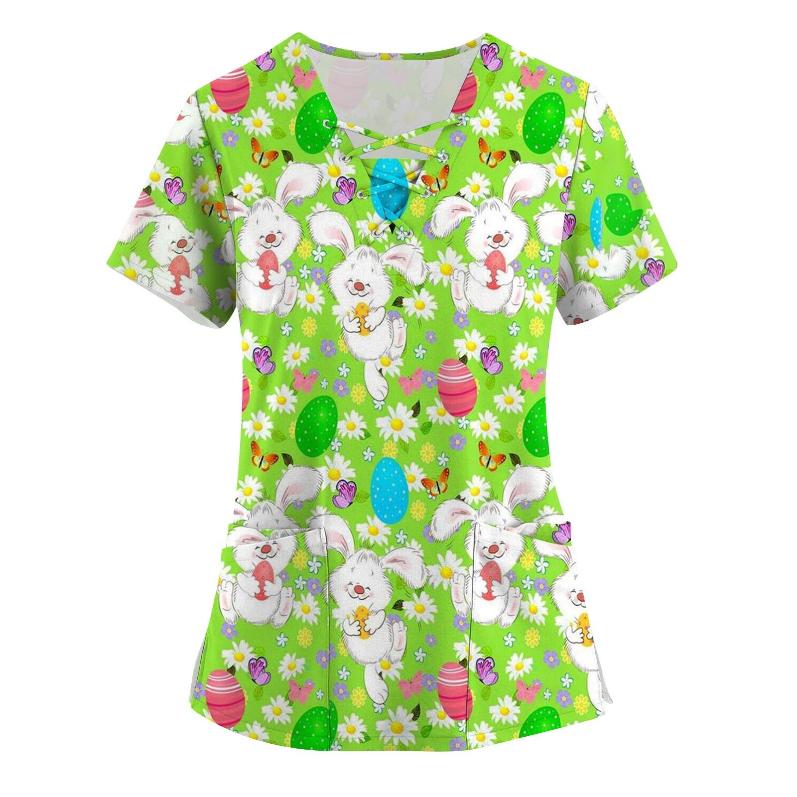 Women s Fashion Short Sleeve V-Neck Drawstring Easter Print Pocket Work Top XXXL