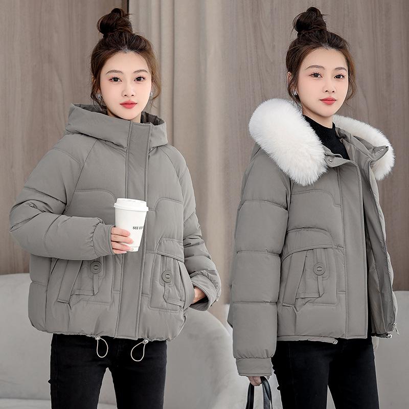 2025 new winter thickened bread jacket padded jacket with large fur collar hooded short cotton jacket slimming loose cotton coat