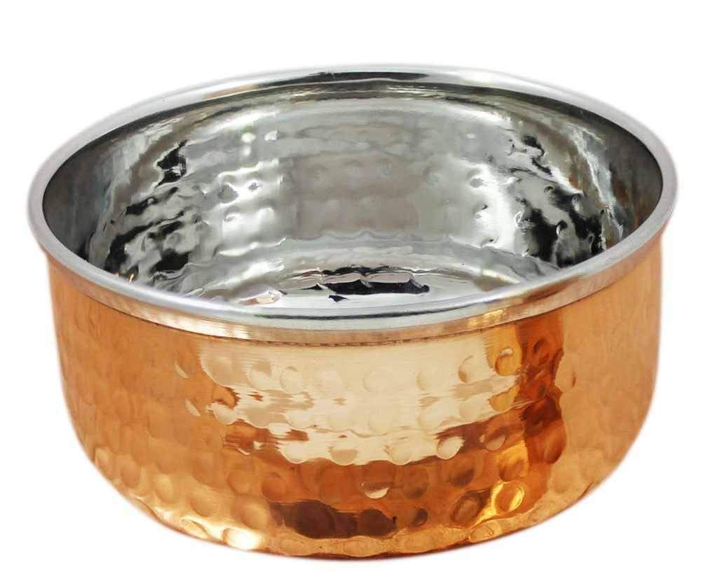 Copper Traditional Dinner Set of Plate, Bowls, Fork, Glass Spoon , Diameter 13 Inch Stainless Steel Copperware Thali (Set of 8 pieces)