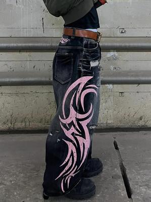 Jeans Unisex a Vita Alta Gamba Larga Vestibilità Larga Denim Non Elasticizzato Pantaloni Rosa Stampa Tribale Lavato Usurato Streetwear