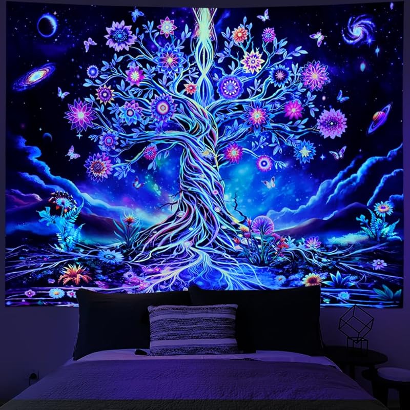 Ameyahud Blacklight Tree of Life Tapestry UV Reactive Neon Tree Tapestry Galaxy Space Tapestries Flower Floral Aesthetic Tapestries Fantasy Forest