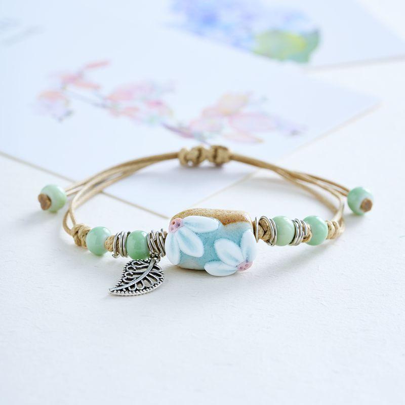 

Этнический стиль плетеный ручной ремешок керамический браслет ручное плетение браслет ретро стиль поставка цветочного киоска подруги молодые новые SL0291 light blue flower