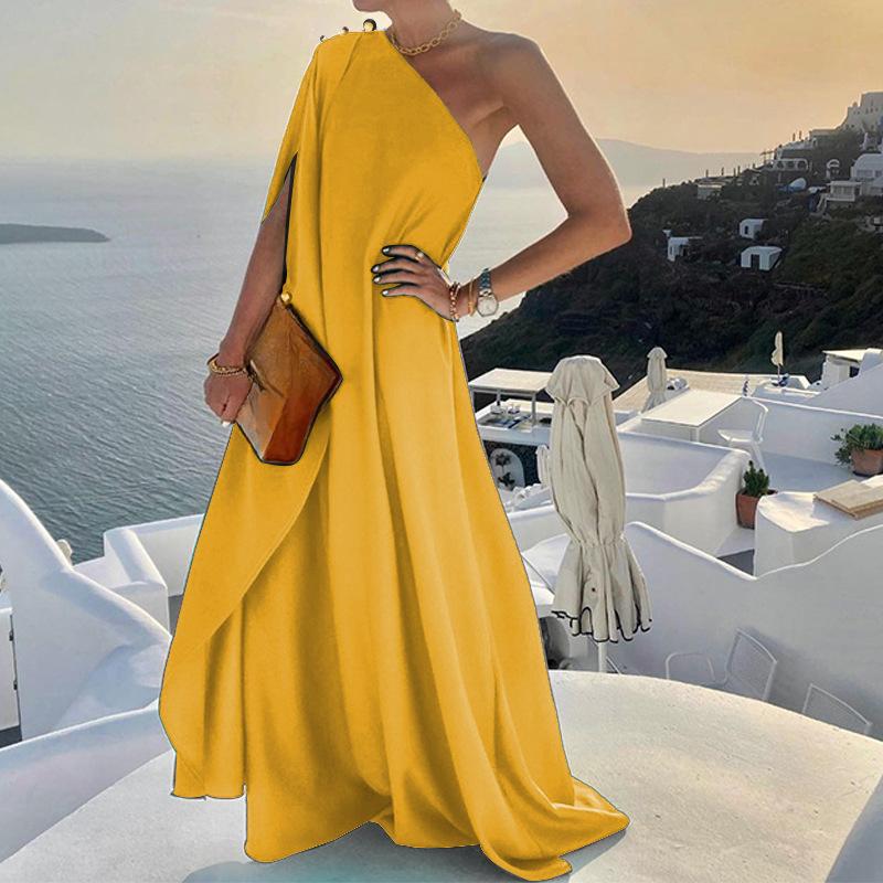 

YYFS Женская мода Лето Весна Однотонный Принт Без рукавов Косой воротник Свободная линия талии Повседневные платья XL жёлтый