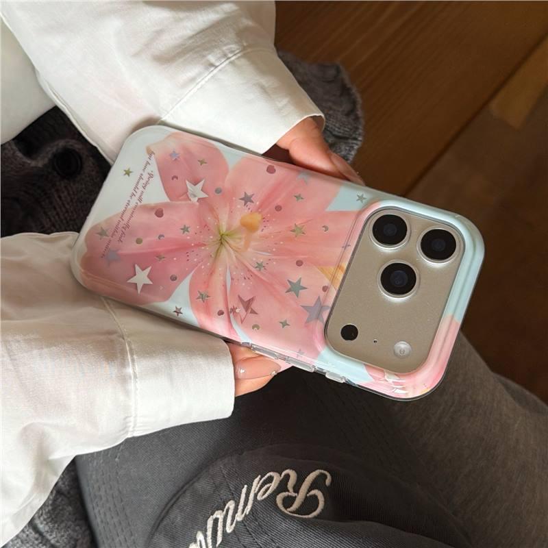 Korean Style Star Powder Lily Flower Phone Case for iPhone 17 Pro Max - Heart Design, Anti-drop, Suitable for iPhone 14, 15, and Apple 16.