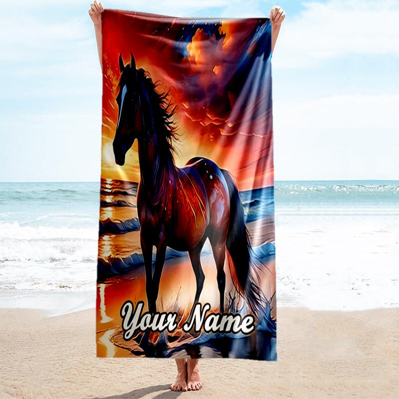 1PC Custom Name Horse Sunset Beach Beach Towel Highly Absorbent And Sand-Resistant Towel for Swimming, Pool, Yoga, And Travel Lightweight