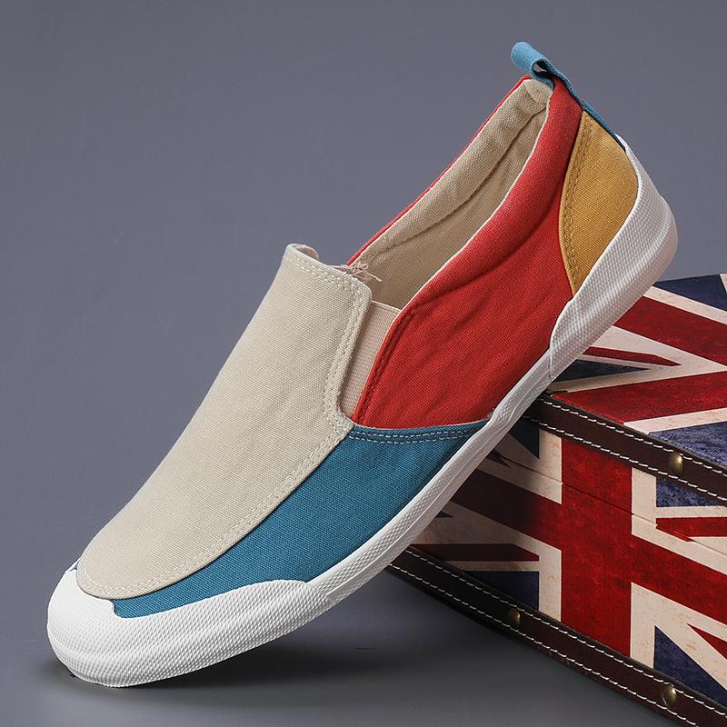 FashionUltra-light Soft Canvas Shoes for Men Color Matching Casual Sneakers Summer Leisure Walk Flat Hand-stitching Man Slip On Loafers