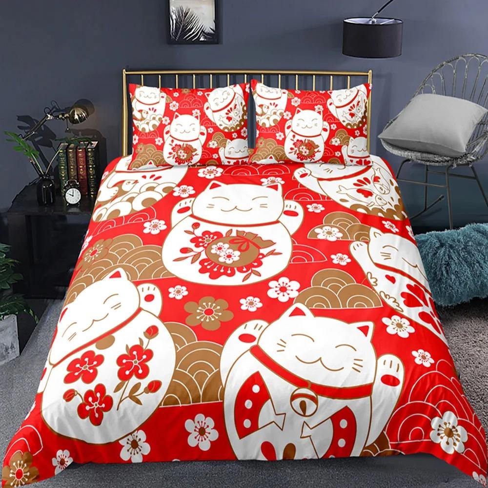 Japanese Doll Duvet Cover King Queen Lucky Cat Fan Bedding Set for Kids Girls Asian Japan Cultural 23PCS Polyester Quilt Cover