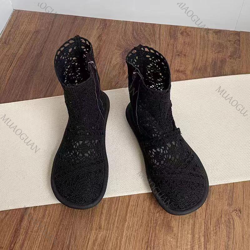 Fashion Summer Ankle Cool Boots Women's Knitted Cotton Hemp Hollow Mesh Sandals Ladies Comfortable Flat Bottom Soft Soled Botines Shoes
