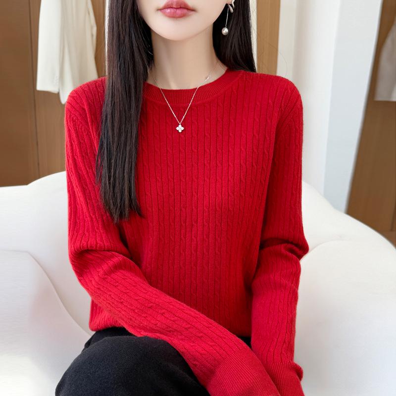 2026 Autumn Women's Round Neck Cable Knit Jacquard Pullover Sweater, Long Sleeve