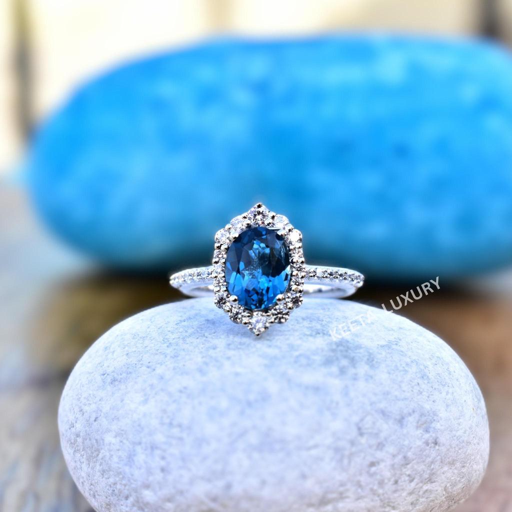 london Blue topaz ring, Oval cut blue Topaz Halo Ring, Blue stone 925 silver Engagement ring, proposal Ring , gifts for mother's day