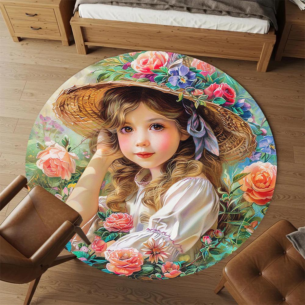 1pc flower girl Round Chair mat Area Rug - Non-Slip, Floor Mat for Office, Bedroom, and Indoor Decor -1002161