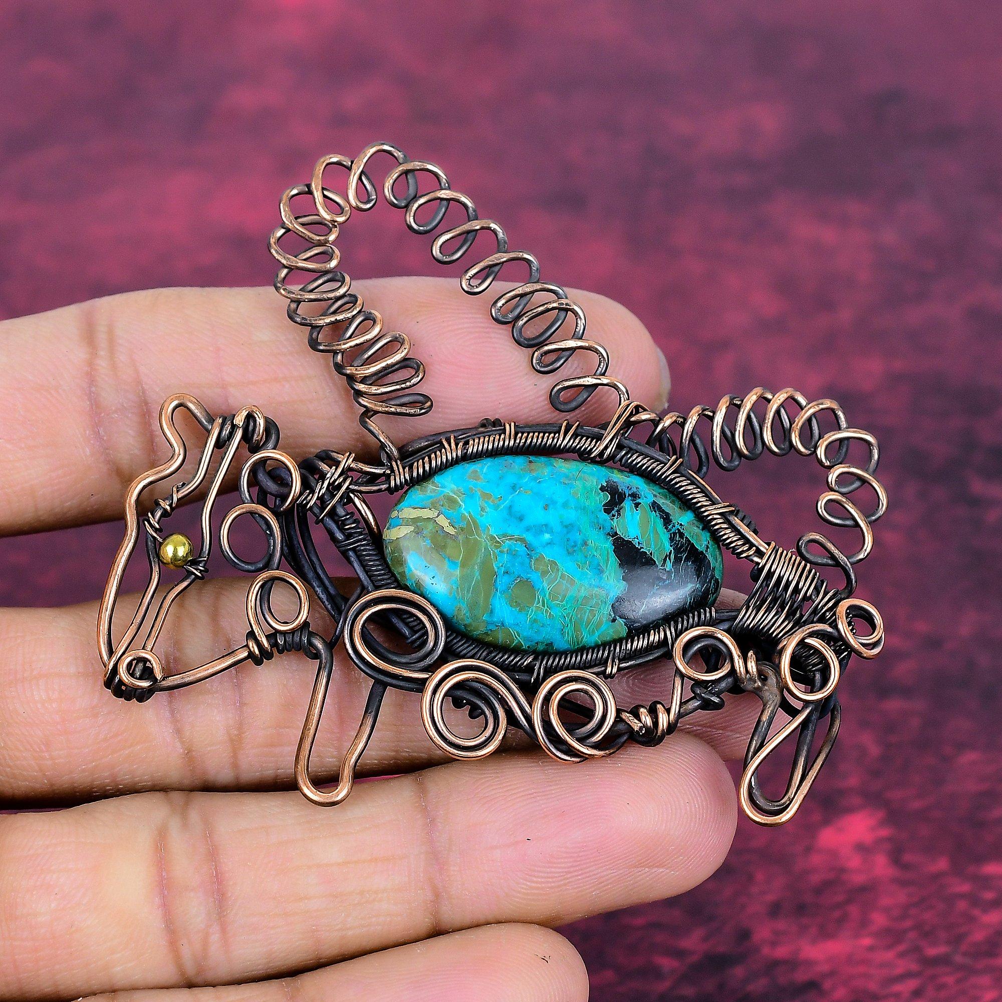 Chrysocolla Gemstone Pendant Copper Wire Wrapped Handmade Jewelry Rabbit Pendant