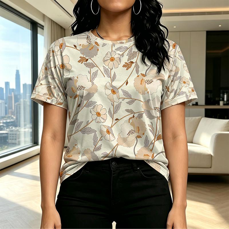 Women's Floral Collection Short Sleeve T-Shirt Soft Minimalist Design, Street Style Casual Top, Versatile for Daily Commute & School Outfits