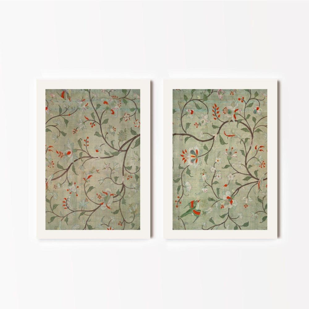2pcs Frameless Medieval Textile Prints, Antique Bird Wall Art, Green Poster Wallpaper Art, Living Room Bedroom Wall Decoration