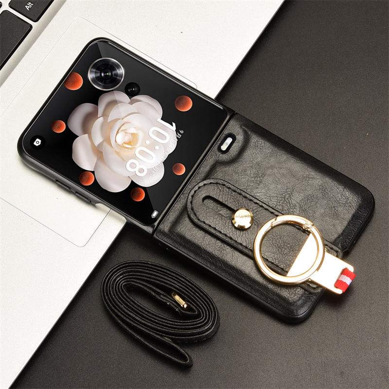For Honor Magic V Flip Wrist Strap Ring Bracket Phone Holder Case For Honor Magic V Flip Leather style Case Drop-Resistant Cover