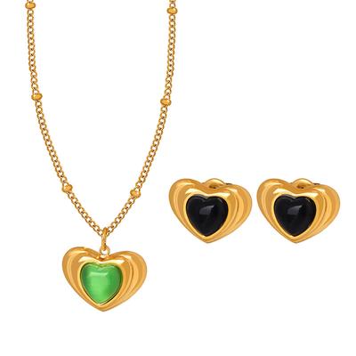 Versatile Retro Love Peach Heart Shape Emerald Glass Stone Opal Pendant Titanium Steel Necklace Earrings Set