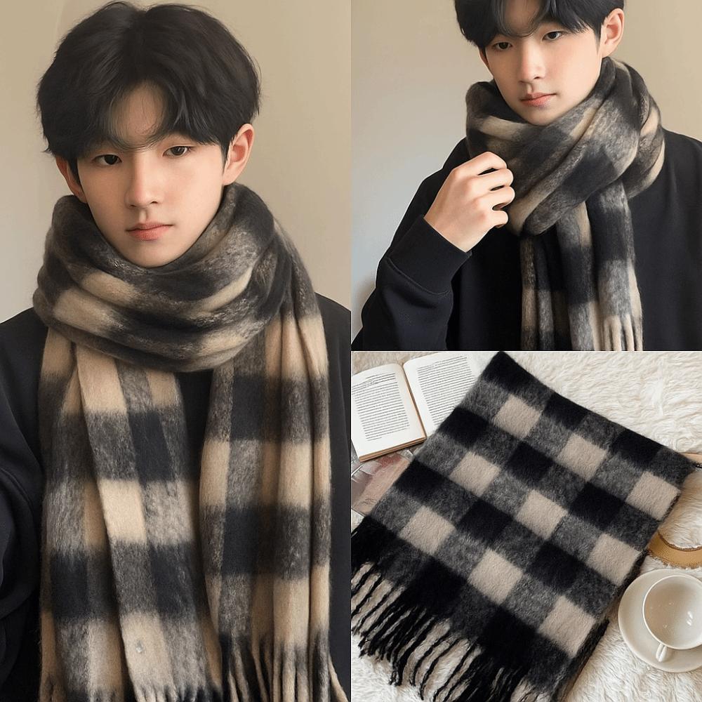 Plush Winter Cashmere Scarves Tassel Long Shawl Simple Plaid Wool Scarf Student