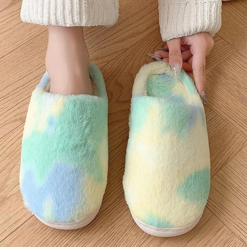 Tie Dye Fluffy Slippers for Women's New Winter Comfortable Warm Plush Indoor Home for Fashion Gradient Soft Fluffy Slippers