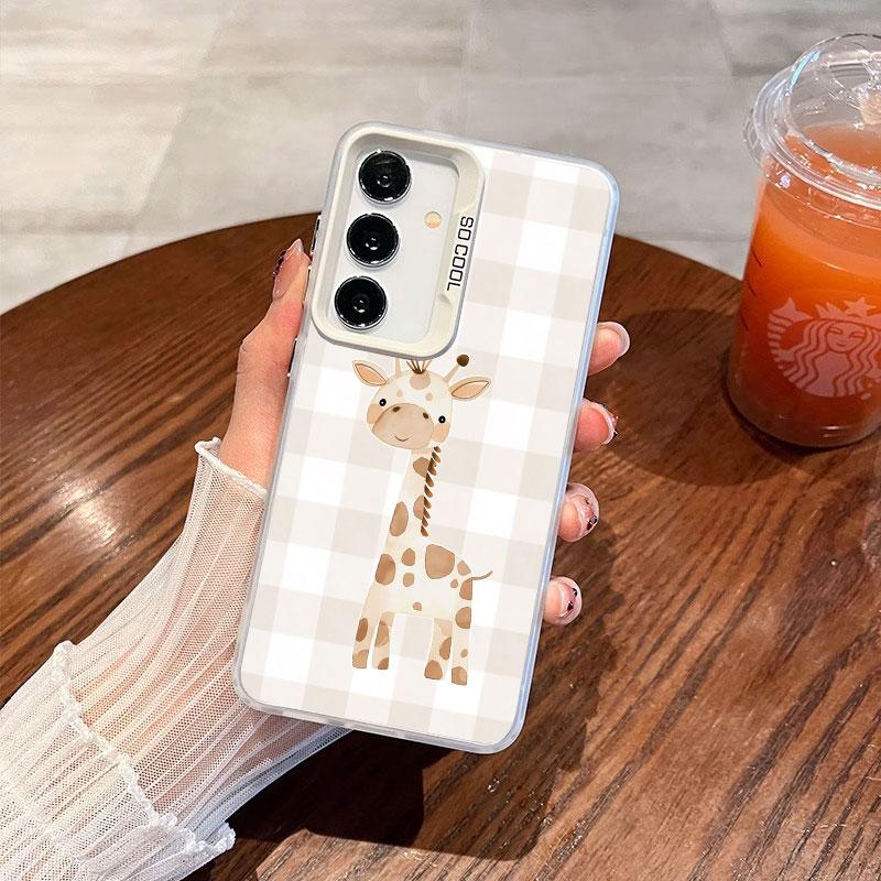 For Samsung Galaxy S24 S23 Ultra Plus FE S25 S22 Ultra Plus S21 FE Laser Phone Case Checkered Grid Cute Animals Pattern Covers