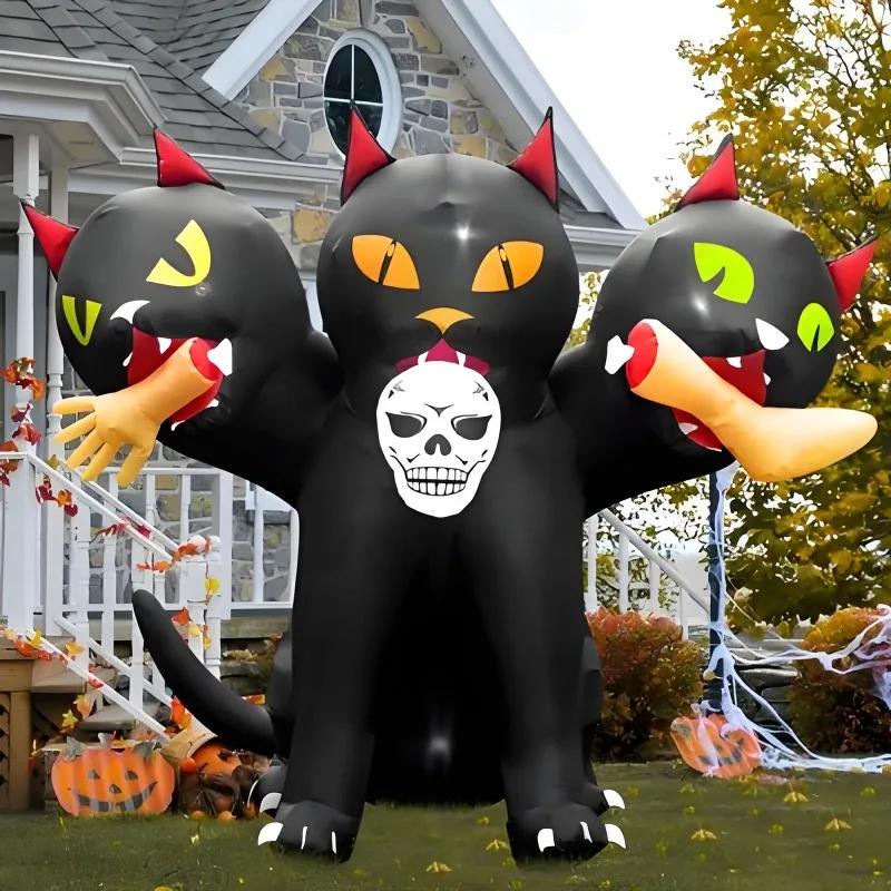 6FT Halloween Holiday Party Inflatables Toys Cat with Three Heads Outdoor Decorations with Built-in LED Lights for Lawn Yard