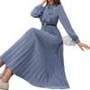 Women's Long Sleeve Pleated Dress Full Polka Dot Print Necktie Ankle-Length Skirt Without Belt Fashion