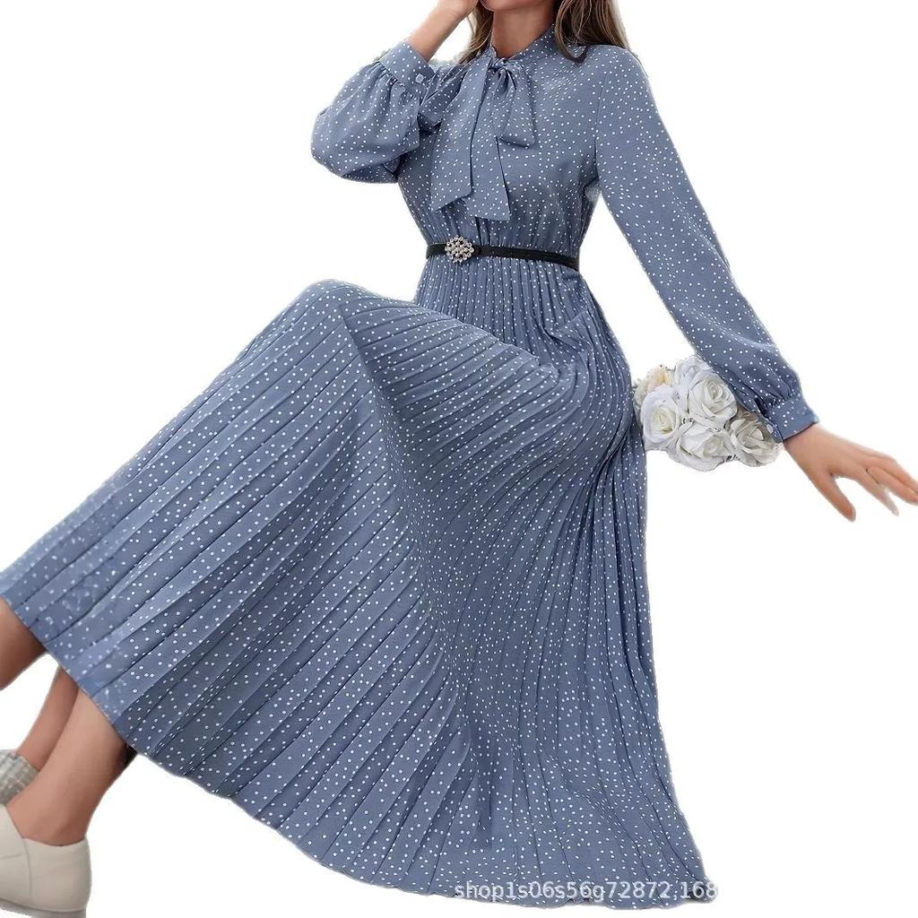 Women's Long Sleeve Pleated Dress Full Polka Dot Print Necktie Ankle-Length Skirt Without Belt Fashion
