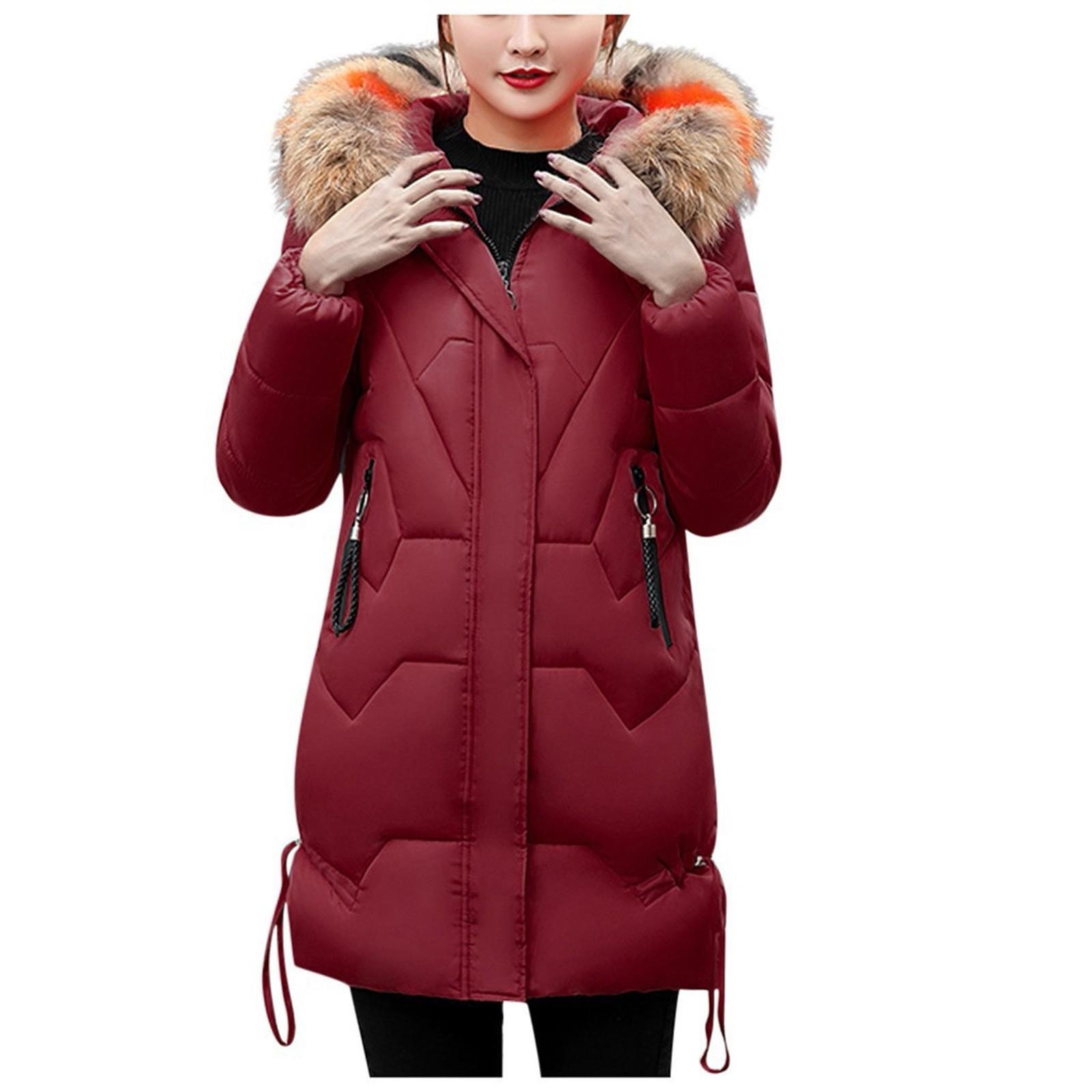 

Женская мода с большим воротником для волос, тонкой талией, длинной пуховой хлопковой курткой, хлопковым пальто XXXL винный