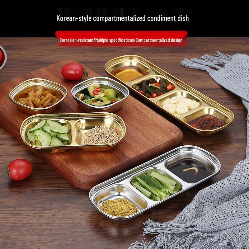 Korean Style 304 Stainless Steel Multi-compartment Sauce Dish for BBQ & Hot Pot, Golden Finish