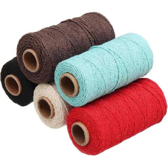 HAPYLY Lot de 5 Cordon en Coton Macramé - Bobine de Ficelle Cordon d'Artisanat DIY Ficelle Rustique Corde en Coton pour Suspension Murale, Suspensions pour Plantes, Artisanat, Tricot,