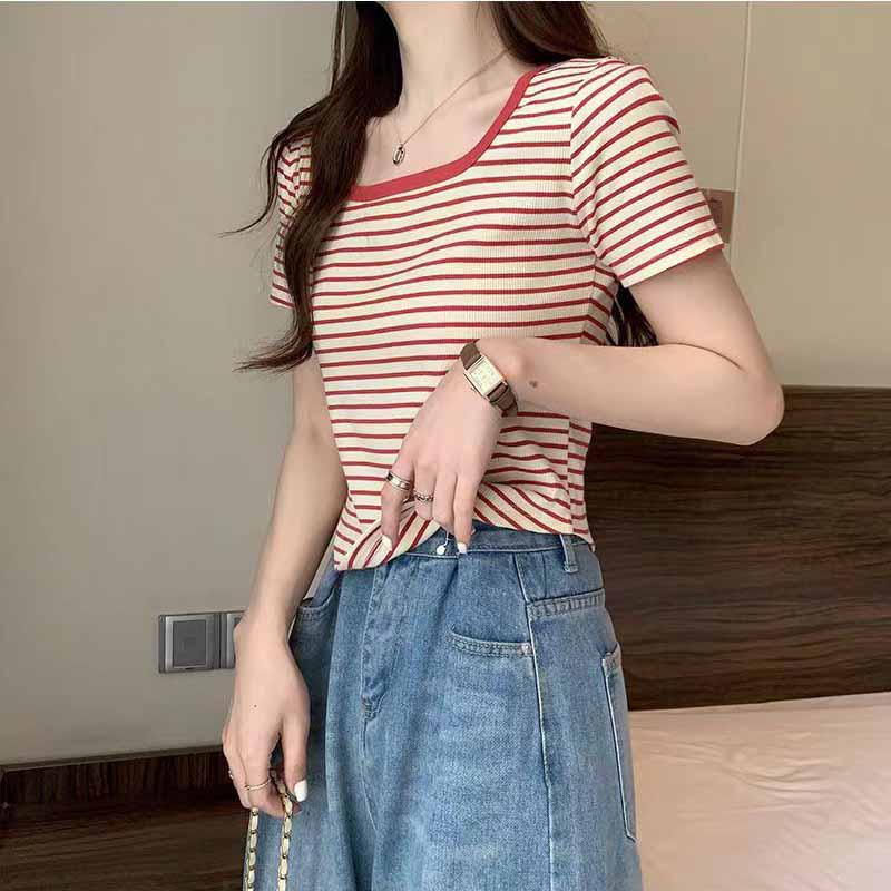 Tricou cu mânecă scurtă coreeană cu decolteu în U Cămașă ocazională de modă Topuri Tricou pentru femei Tricou cu dungi de culoare solidă