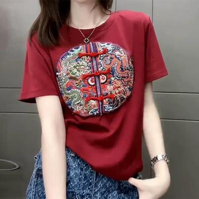 Summer Chinese Style Vintage Embroidery Frog T-shirt Ladies Loose Casual Short Sleeve Tee Top Women Pullovers