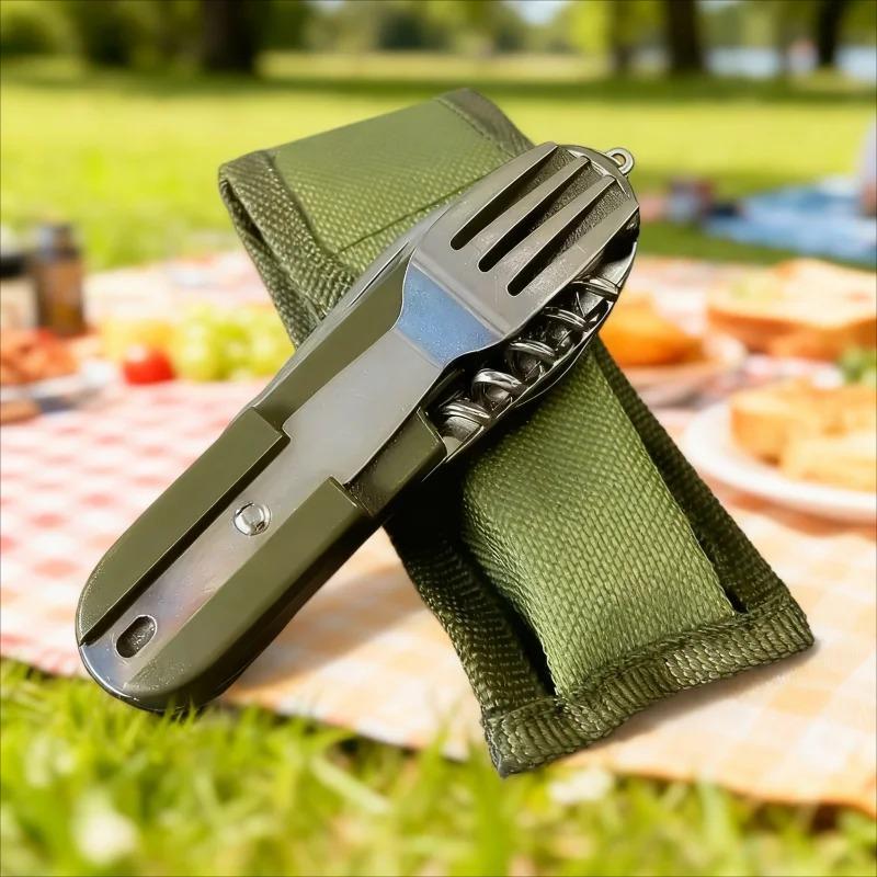 Outdoor Camping Portable Tableware Set Foldable Stainless Steel Knife Fork Spoon Bottle Opener Multifunctional Wilderness
