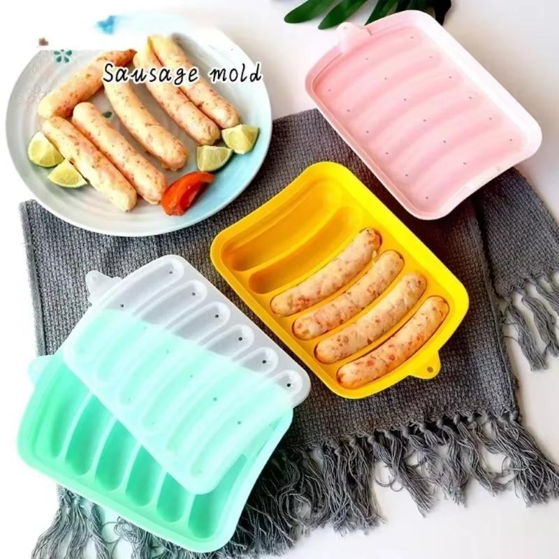 6-Grid Hot Dog Sausage Mold Food Grade Silicone Household Ham Hot Dog Making Tray Household Cake Baking Mold with Cover Kit Tool