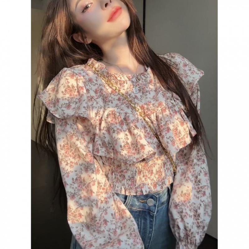 Women Ruffled Neck Floral Print Smocked Waist Long Sleeve Blouse S розовый