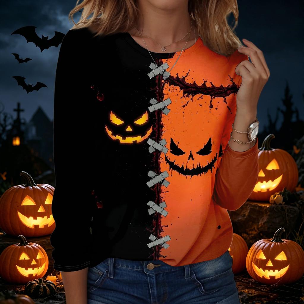 Women's Halloween Printed Crewneck Long Sleeve Pullover Sweatshirt Casual Fit Lightweight Top for Seasonal Wear