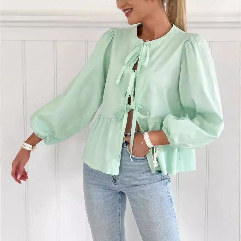 Short sleeve 2025 European and American Women clothes Street Fashion Bow Long sleeve Shirts Long Sleeve Shirt